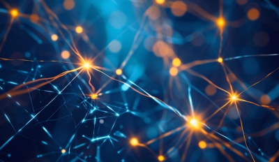 KI generiertes Motiv in blau welches gelbe Netzwerkknoten zeigt, von denen 3 leuchten und die neuen Mitglieder symbolisieren sollen.