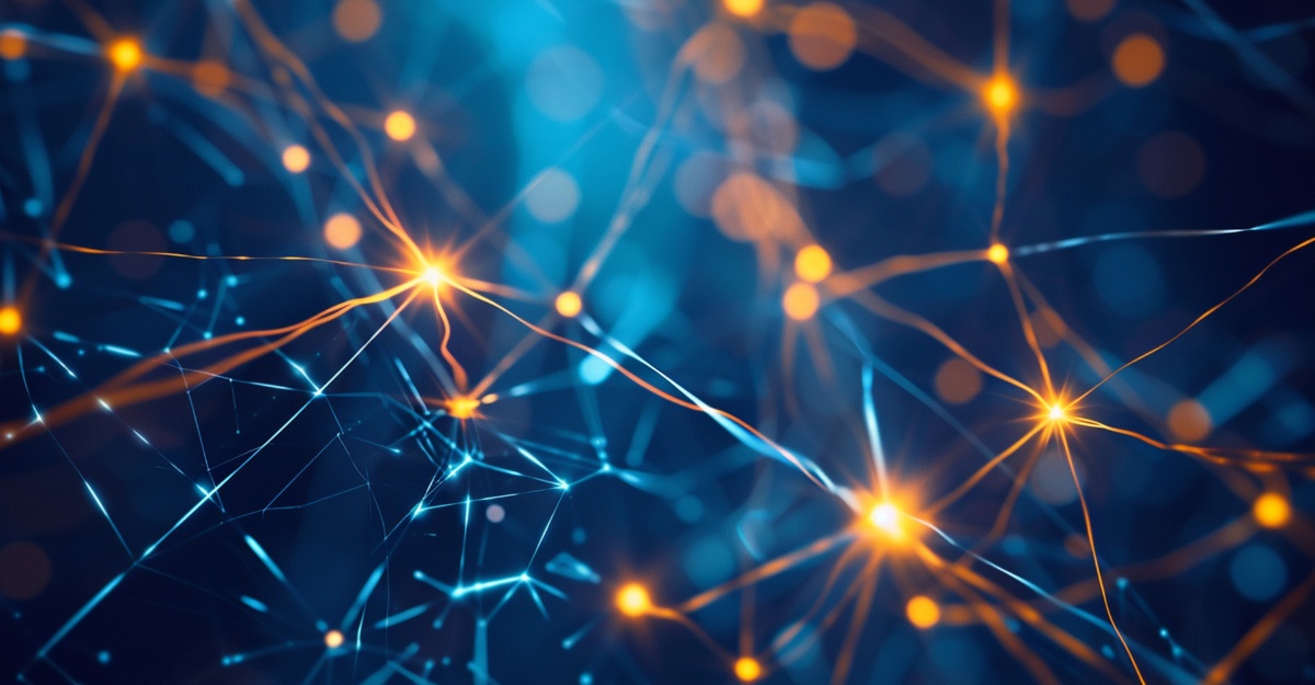 KI generiertes Motiv in blau welches gelbe Netzwerkknoten zeigt, von denen 3 leuchten und die neuen Mitglieder symbolisieren sollen.