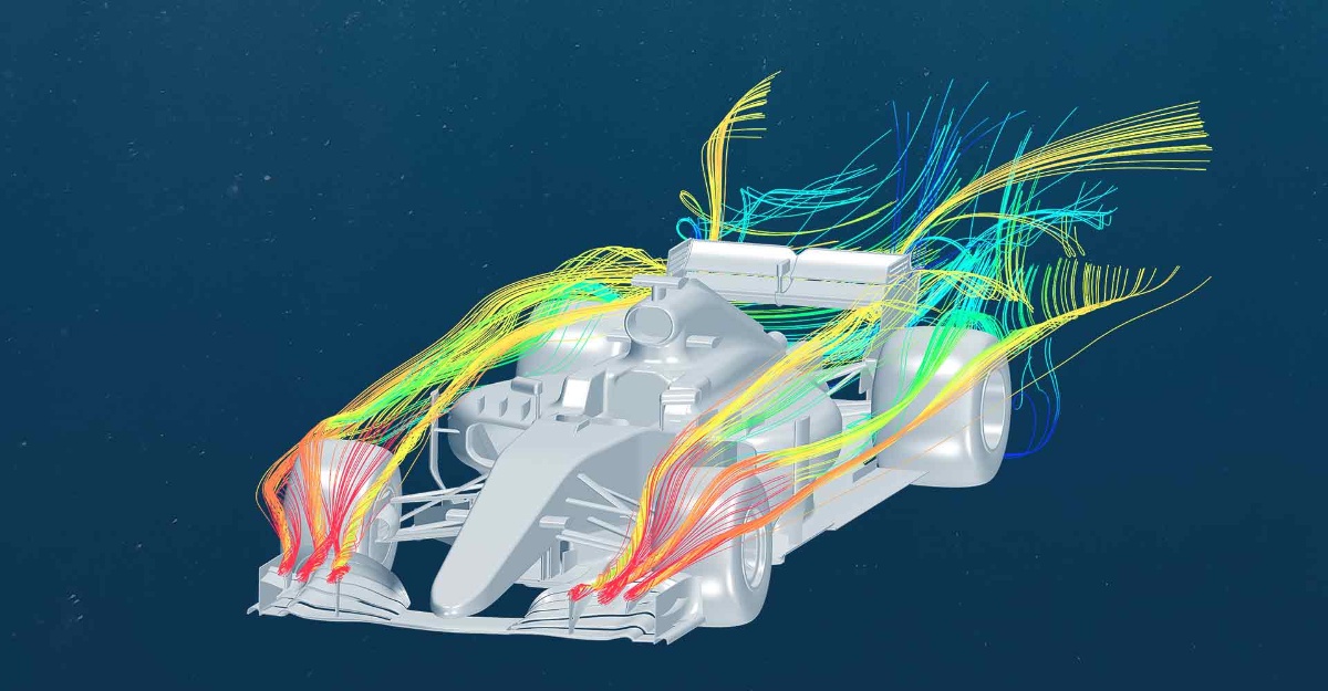 Konstruktionsmodel mit Windkanalanzeige eines Miniatur-Formel 1 Rennwagen